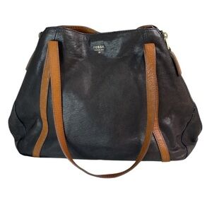Fossil Gwen Shopping Tote Purse Bag Brown Goat and Cow Leather Teal Expansion